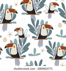 Childish seamless pattern with cute toucans and jungle leaves. Summer creative texture for textile, wallpaper,apparel, digital papers.