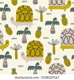 Childish seamless pattern with cute turtle. Cute vector childish background for fabric, textile, nursery wallpaper. Vector Illustration. White background.