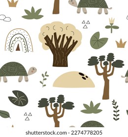 Childish seamless pattern with cute turtle surrounded by tropical plants. Safari template. Baby pattern for fabric, packaging, apparel, textile, wallpaper, pajamas, baby clothes, bedding. Vector