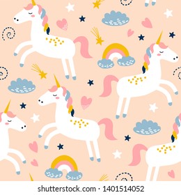 Childish seamless pattern with cute unicorn. Creative vector childish background for fabric, textile