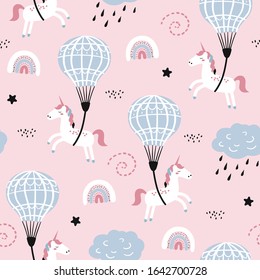 Childish seamless pattern with cute unicorn and air ballon. Creative vector childish background for fabric, textile