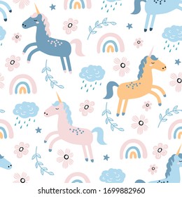 Childish seamless pattern with cute unicorn and rainbow. Creative vector childish background for fabric, textile