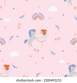 Childish seamless pattern with cute unicorn and little fairy, flowers and rainbow. Creative vector childish background for fabric, textile, wallpapers, children artworks.