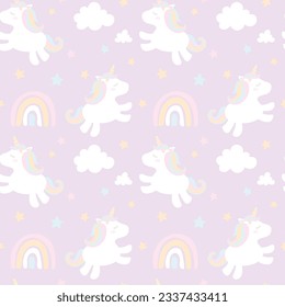 Childish seamless pattern with cute unicorns, clouds, stars and rainbows.