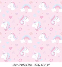 Childish seamless pattern with cute unicorns, clouds, stars and rainbows.