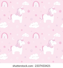 Patrón infantil sin fisuras con adorables unicornios, nubes, estrellas y arcos.