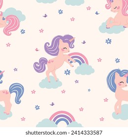 Childish seamless pattern with cute unicorns, flowers and rainbow. Creative vector childish background for kids artworks.