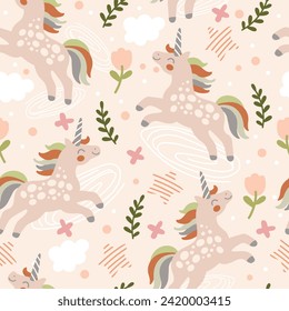 Patrón infantil sin fisuras con unicornios bonitos y elementos abstractos. Ilustración vectorial en estilo doodle y colores pastel a la moda. Plantilla de diseño de fondo para papel, tela, diseño interior, tarjetas