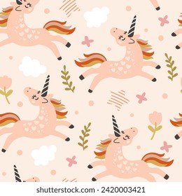 Childish seamless pattern with cute unicorns and abstract elements. Vector illustration in doodle style and trendy pastel colors. Background design template for paper, fabric, interior design, cards