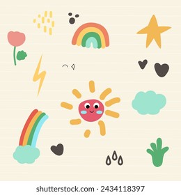 Childish seamless pattern of cute weather include sun, rainbow, star, cloud, flower suitable for children's clothing, bed sheets and home decorations, notebook covers, greeting cards and gift wrap