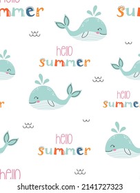 childish seamless pattern with cute whale, vector summer illustration in flat style
