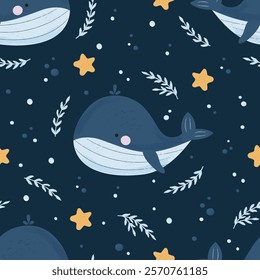 Childish seamless pattern with cute whale