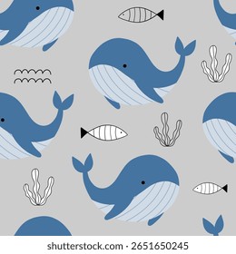 Kinderachtig naadloos patroon met schattige walvis, vis onderzeese scène en bubbels, zeewier voor print, behang, kinderen badkleding, textiel stof en inpakpapier. vector