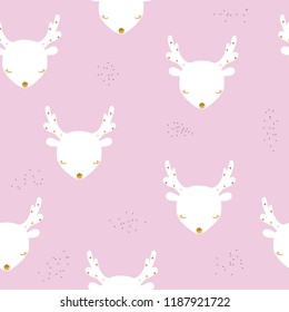 Childish seamless pattern with cute white deer. Fashion nursery print. Vector hand drawn illustration