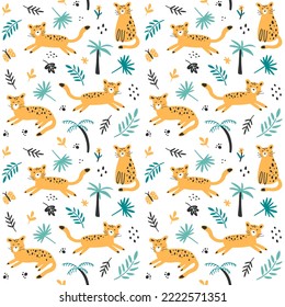 Childish seamless pattern with cute yellow leopards and tropical leaves on a white background. Ideal for fabric, textile, prints, scrapbooking, wrapping paper. Cats in different poses.