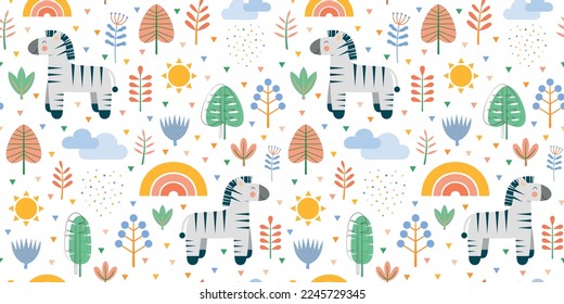 Childish seamless pattern with cute zebra and rainbow. Can be used for kids apparel, fabric, textile, and wrapping paper. Vector illustration background.