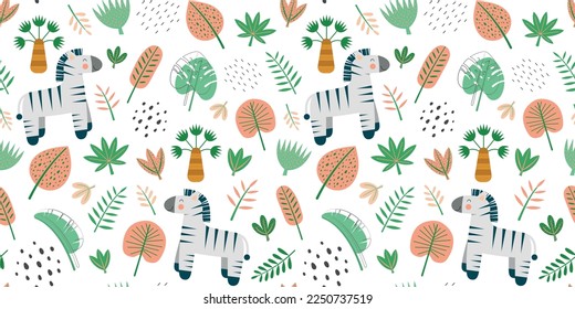Childish seamless pattern with cute zebra and jungle elements. Can be used for kids apparel, fabric, textile, and wrapping paper. Vector illustration background.