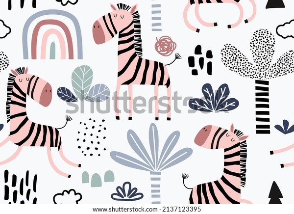 Childish seamless pattern with cute zebras wallpaper mural. 