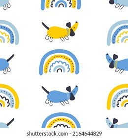 Childish seamless pattern with dachshunds and rainbows. Groovy simple print for T-shirt, textile and fabric. Boho aesthetic vector illustration for decor and design.
