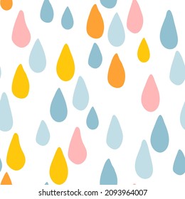 Childish seamless pattern, decorative design, pastel colors. Hand drawn rain drops. Vector geometric background.