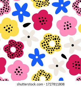 Childish seamless pattern with decorative flowers in baby style. Perfect for kids fabric, textile, nursery wallpaper. Vector Illustration. Bright color background.