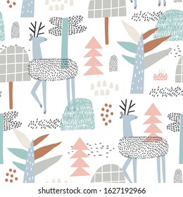 Childish seamless pattern with deer in the forest . Vector background for children. Scandinavian style. Vector illustration.