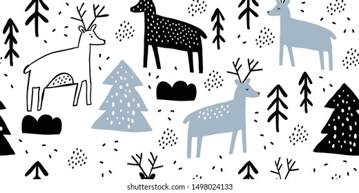 Childish seamless pattern with deers and pines. Trendy scandinavian holiday black and white vector background. Perfect for kids apparel, fabric, textile, nursery decoration. Kids pattern - Vector