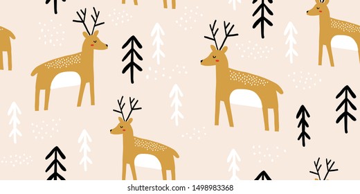 Childish seamless pattern with deers and pines. Trendy scandinavian holiday vector background. Perfect for kids apparel, fabric, textile, nursery decoration, wrapping paper. Kids pattern - Vector