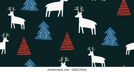 Childish seamless pattern with deers and pines. Trendy scandinavian holiday vector black background. Perfect for kids apparel, fabric, textile, nursery decoration, wrapping paper. Kids pattern- Vector