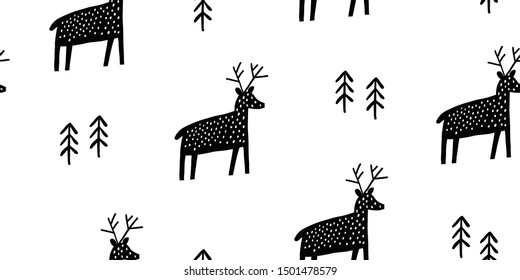 Childish seamless pattern with deers silhouette . Trendy scandinavian holiday vector background. Perfect for kids apparel, fabric, textile, nursery decoration, wrapping paper. Kids pattern - Vector