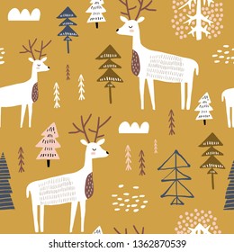 Childish seamless pattern with deers. Trendy scandinavian holiday vector background. Perfect for kids apparel,fabric, textile, nursery decoration,wrapping paper