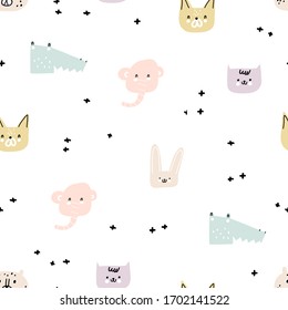 Childish seamless pattern with different animals. Creative childish texture for fabric, wrapping, textile, wallpaper, apparel. Vector illustration.