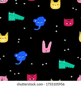Childish seamless pattern with different animals. Creative childish texture for fabric, wrapping, textile, wallpaper, apparel. Vector illustration. Black background.