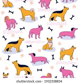 Childish seamless pattern with different breeds of dogs. Endless vector illustration with shepherd, dachshund, bulldog, husky, corgi. Bright background for surface design