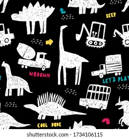 Childish seamless pattern with different cars and funny dinosaurs. Creative childish texture for fabric, wrapping, textile, wallpaper, apparel. Vector illustration. Black background.