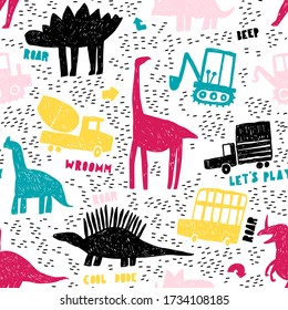 Childish seamless pattern with different cars and funny dinosaurs. Creative childish texture for fabric, wrapping, textile, wallpaper, apparel. Vector illustration. 