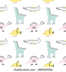 Childish seamless pattern with different dinosaurs. Creative childish texture for fabric, wrapping, textile, wallpaper, apparel. Vector illustration. 