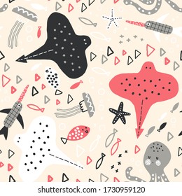 Childish seamless pattern with different fishes, octopus, jellyfish, swordfish, starfish. Cute undersea childish background.