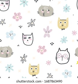 Childish seamless pattern with different funny cats and cute flowers. Creative childish texture for fabric, wrapping, textile, wallpaper, apparel. Vector illustration.