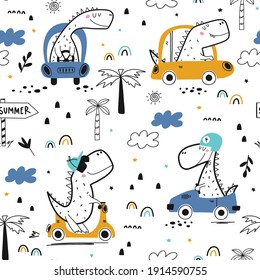 Childish seamless pattern with dinosaur driver in summer time. Vacation adventure concept.Vector illustration design for fashion fabrics, textile graphics, prints.