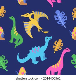 Childish seamless pattern with dinosaur and tropical leaves on a blue background. Cute dino design.
Perfect fit for nursery clothes, fabric,  wrapping paper, wallpaper, textile design.