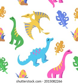 Patrón infantil sin costuras con dinosaurios y hojas tropicales sobre un fondo blanco. Un diseño de dino.
Perfecto para ropa de vivero, tela, papel de envoltura, papel pintado, diseño textil.