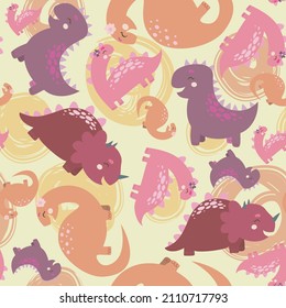 Childish seamless pattern with dinosaurs. Background for textile and fabric. Funny cartoon dino seamless pattern. Cute and funny dinosaurs.
