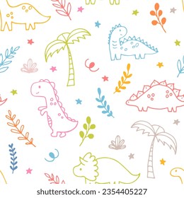 Childish seamless pattern with dinosaurs. Cute background. Dino. Print with dinosaur for baby textile and fabric. Vector illustration