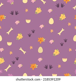 Childish seamless pattern with dinosaurs. Dinosaur bones and eggs. colorful dino background