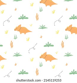 Childish seamless pattern with dinosaurs. Hand-drawn pattern with cute dino.