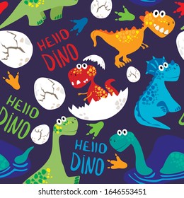 
Childish seamless pattern with dinosaurs. Hello Dino - lettering. Funny dinosaurs tyrannosaurus, triceratops, diplodocus.  Illustration for fabric, textile, print for t-shirt, sweatshirt, pajamas.