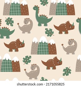 Childish seamless pattern with dinosaurs, monstera leaves and mountains. Vector illustration in funny cartoon style. Baby cute background. Dinosaur vector illustration.