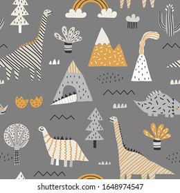 Childish seamless pattern with dinosaurs, mountains and trees. 