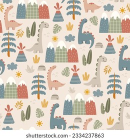 Childish seamless pattern with dinosaurs, mountains, monstera leaves and trees. Vector illustration in funny cartoon style. Baby cute background. Dinosaur vector illustration.